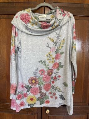 Cactus + Pearl Heather Gray Floral Cowl Neck Tunic Pullover - Size XXL